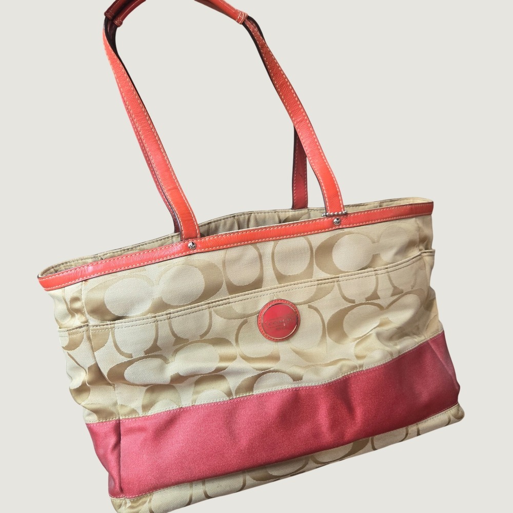 Coach Signature Heritage Stripe Computer Tote Diaper Bag Khaki Coral Work Y2K